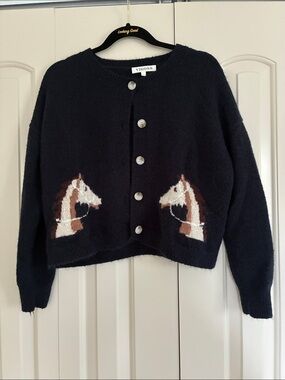 Vigoss Black Cardigan with Brown & Cream Horse Motifs